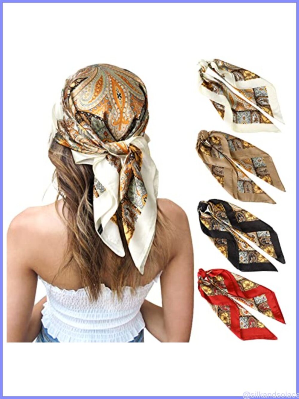 Silk Feeling Satin Square Head Scarf 4 Pc Set Hair Bandana Neck Wrap